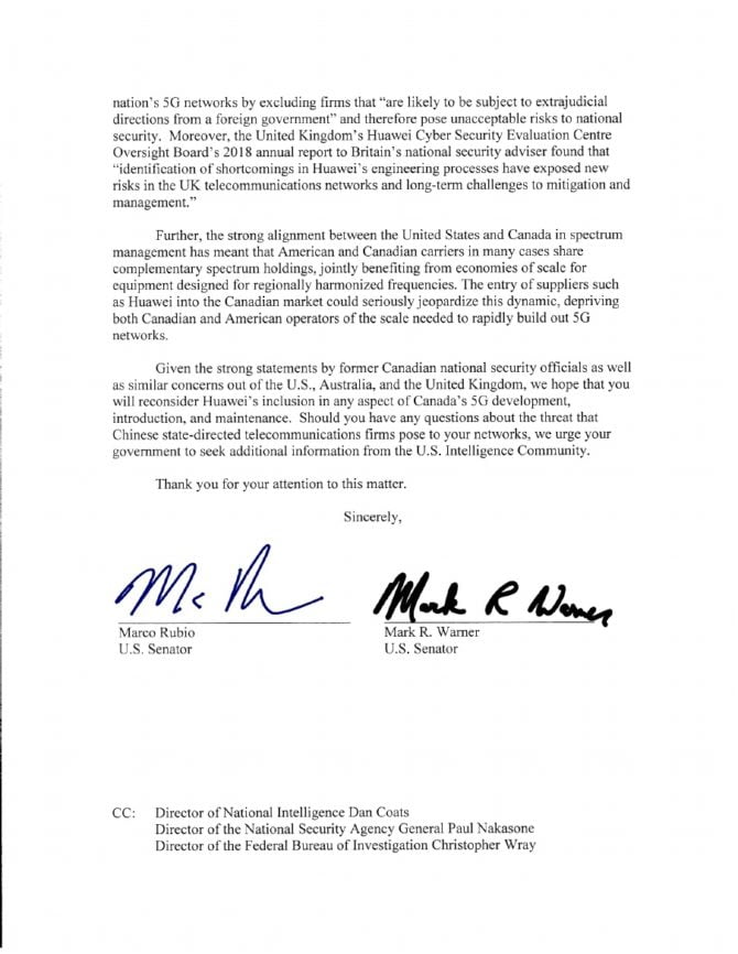 Us Senators To Justin Trudeau - Forbid Huawei For 5G 2 Us Senators To Justin Trudeau - Stop Huawei For 5G