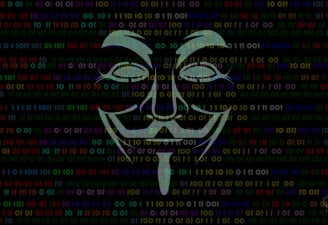 Anonymous mask hacking illustration with 1 0 bits in background