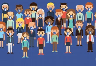 illustration contains characters of people talking about facebook