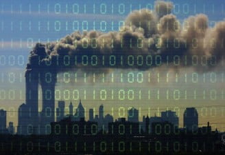 design shows twin towers in the background, the dark overlord publishing hacked 9/11 documents