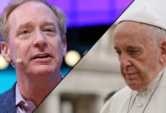 Two image collage of Microsoft President and Pope Francis