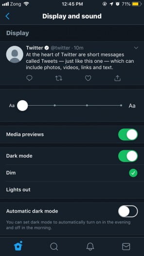 A Screenshot Of Twitter App With Standard Bluish Dark Mode Enabled