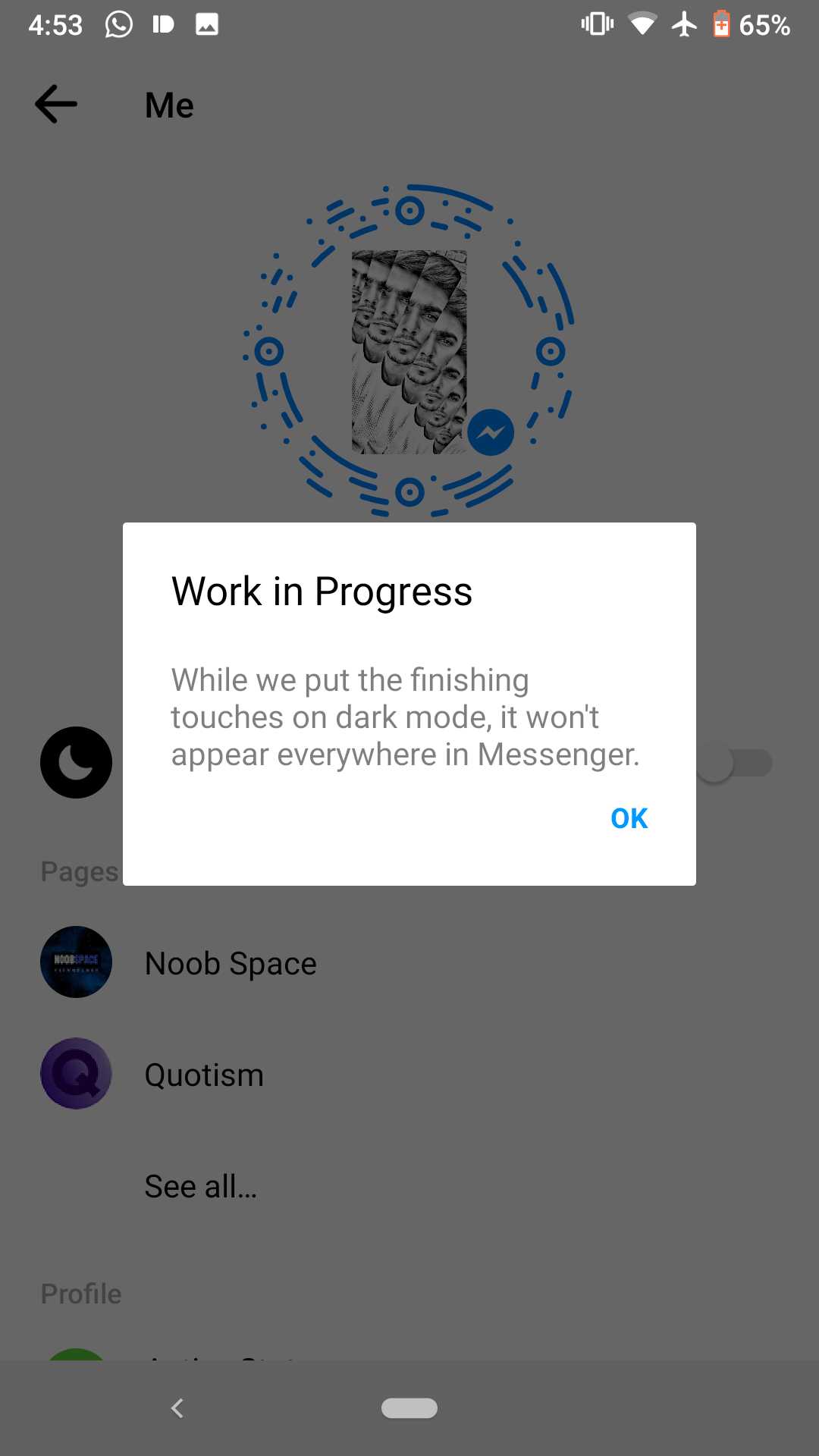 How To Enable Dark Mode In Facebook Messenger For Ios And Android 2 A Screenshot Of A Pop-Up Message About Dark Mode In Messenger Settings