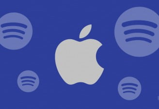 An illustration of Apple and Spotify logo