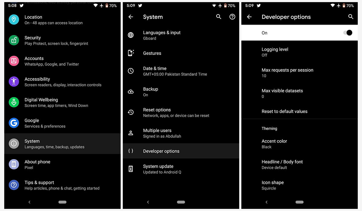 All Of The Features In The Android Q Beta 1 2 Screenshots Of Accessing Android'S New Theming Engine In Android Q Beta 1 Using Developers Option