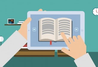 An illustration of a tablet in hand with an ebook open, a person using an old tablet as an ebook reader