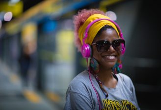 A woman wearing headphones