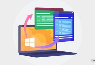 An icon of laptop featuring Windows OS with applications popping out of the screen