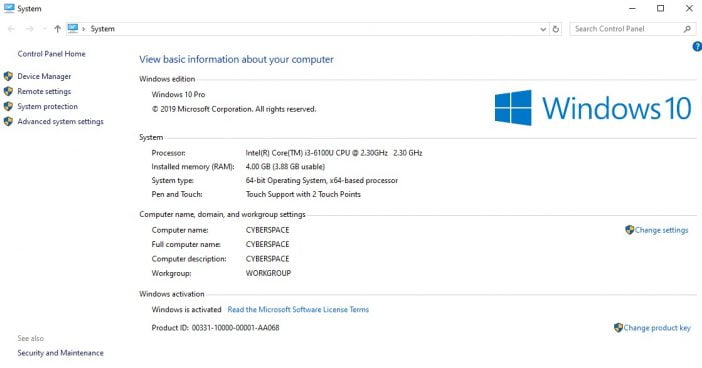 How To Open The Classic System Control Panel Screen On Windows 10 3 Screenshot Of Classic System Control Panel In Winows 10