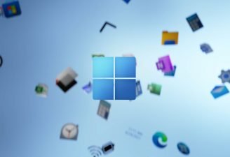 A logo of Windows with the background of various Windows' feature's icon